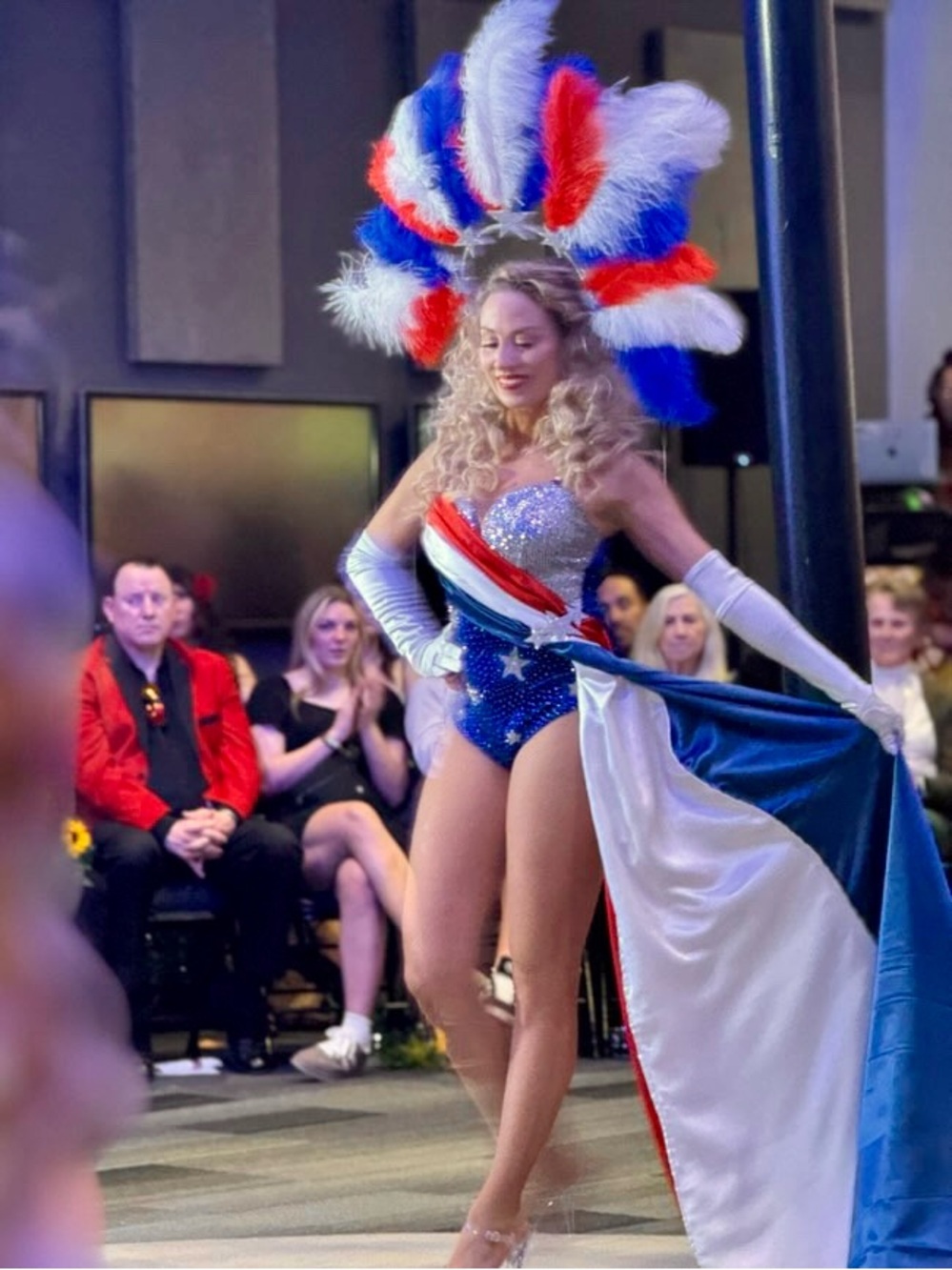 Patriotic Showgirl Feather Headdress & Sequin Bodysuit